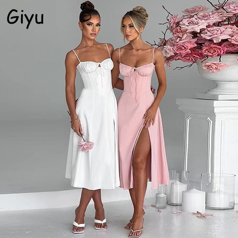 Giyu 여성용 섹시한 롱 드레스, 2023 여름 휴가 드레스, 캐주얼 레이스업 스플릿 백리스 붕대 파티 드레스, 우아한 로브